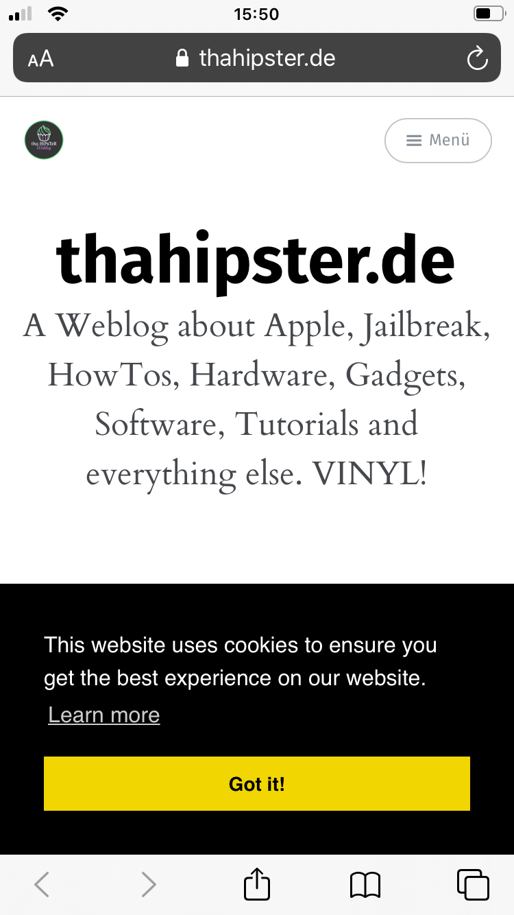 Cookie Hinweis in der mobilen Ansicht der Website thahipster.de