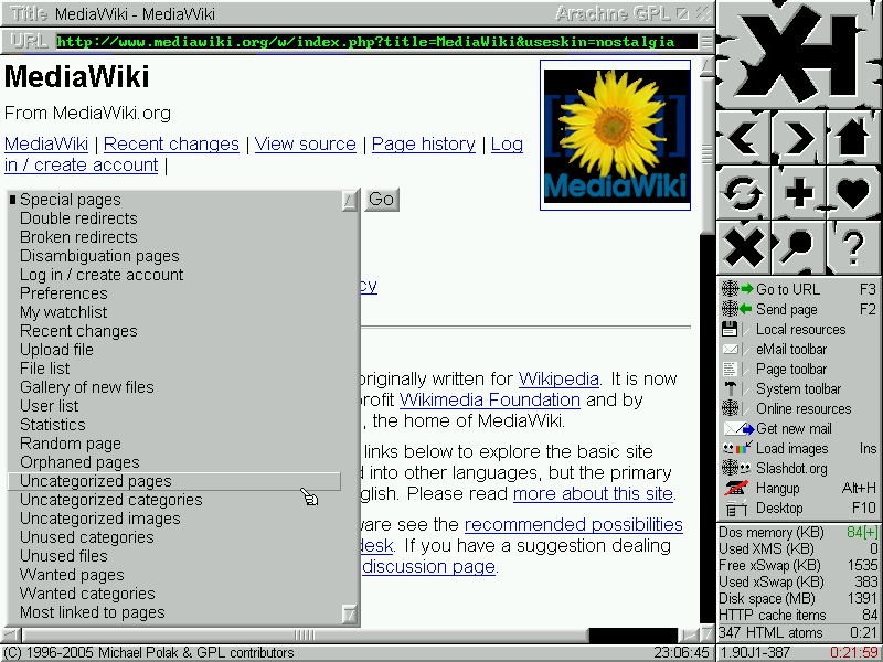 Screenshot of Arachne displaying MediaWiki's home page using VESA 800x600x16 mode.