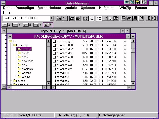 Original Screenshot: Win 3.11 with Samba Share Dateimanager und verbundenem Samba-Share