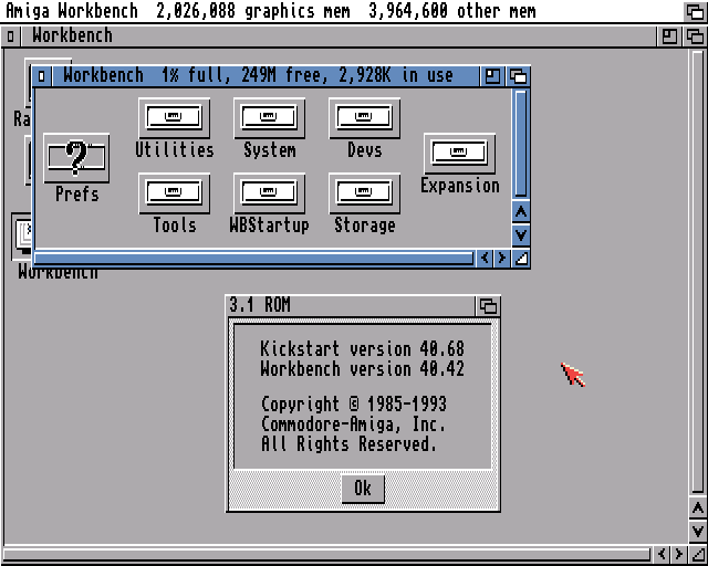 Amiga Workbench zeigt Kickstart und Workbench Version