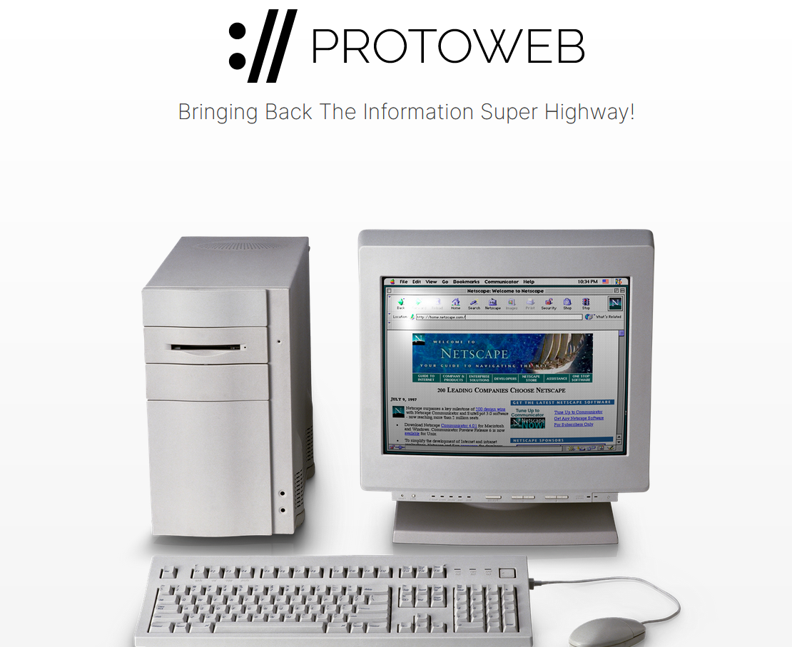 Startseite des Dienstes Protoweb. Man sieht einen alten Computer mit Netscape Navigator.