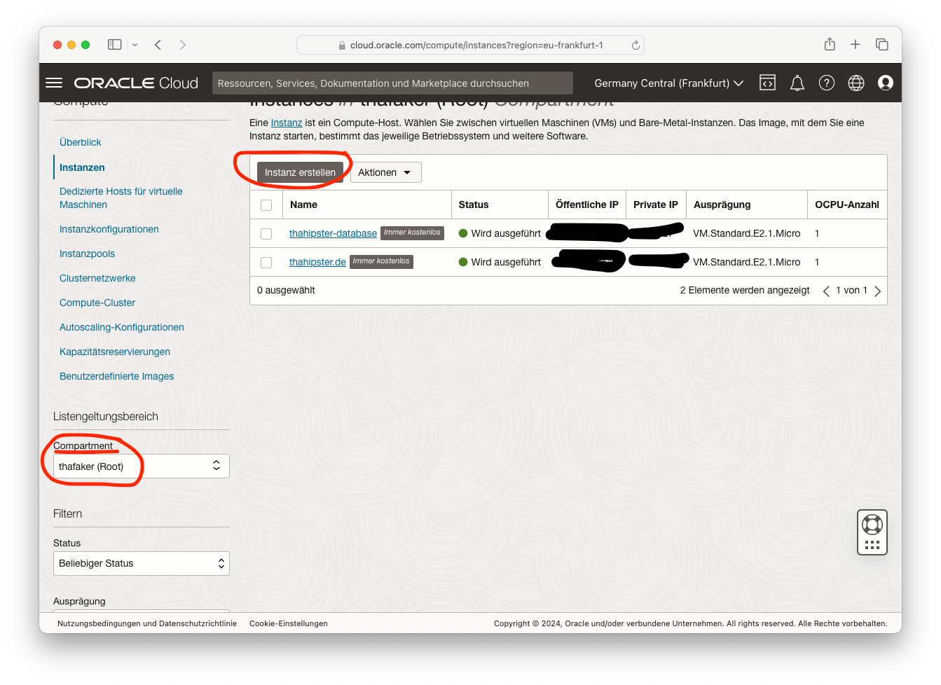 Oracle Cloud Dashboard neue Instanz erstellen