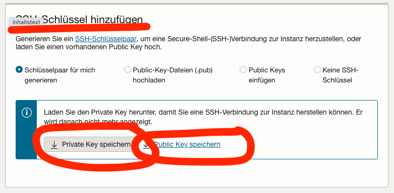 Oracle Cloud Dashboard SSH-Keys speichern