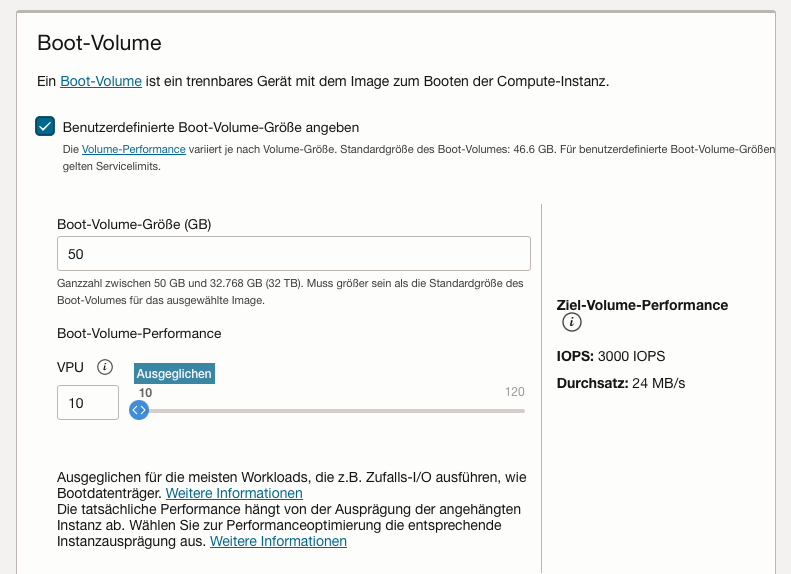 Oracle Cloud Dashboard Festplattengröße