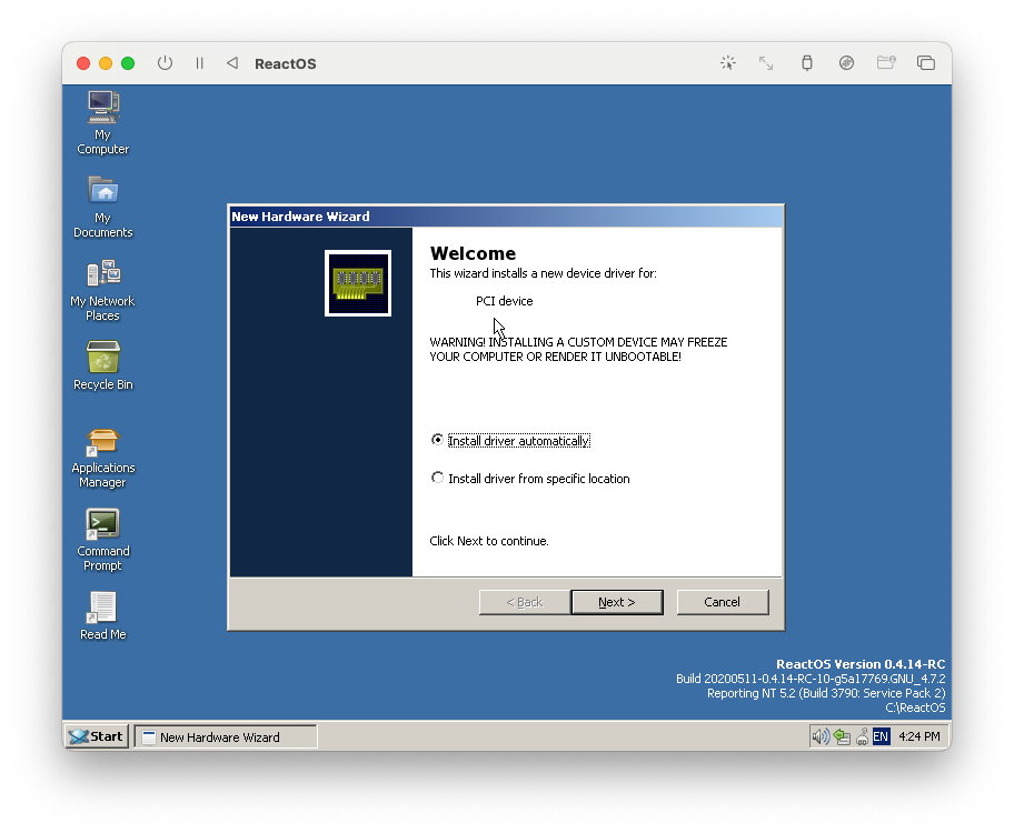 Bootet ReactOS under UTM with Device Driver Installation Menu