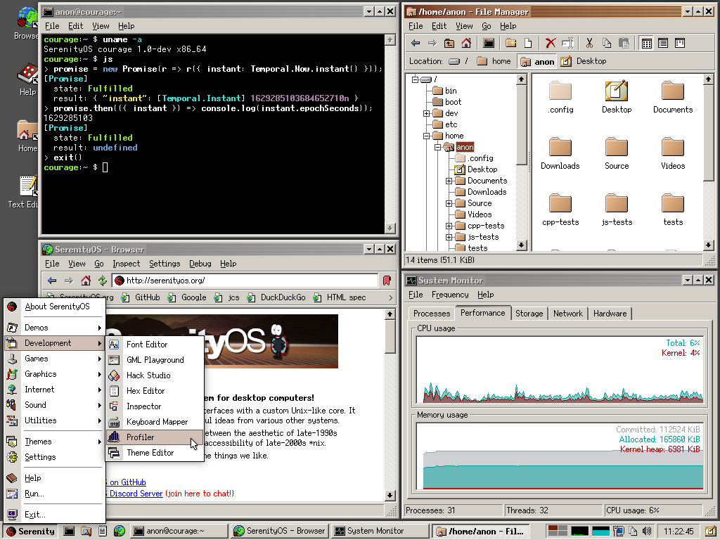 Serenity OS mit Browser, Task Manager, Dateibrowser und Terminal Shell