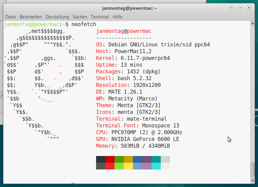 Screenshot of neofetch Debian 12 SID Mate Desktop on Powermac G5 (C) Herr Montag