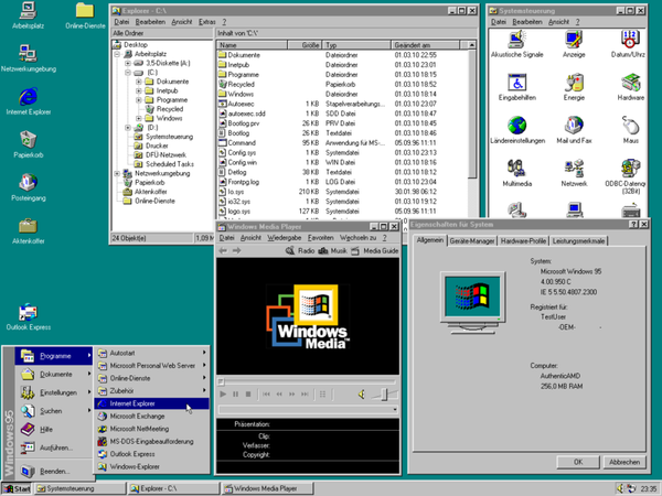 Windows 95C (1297) mit allen Updates (+ Internet Explorer 5.5 SP2), Grafiktreiber, Explorer, Media Player 6.4